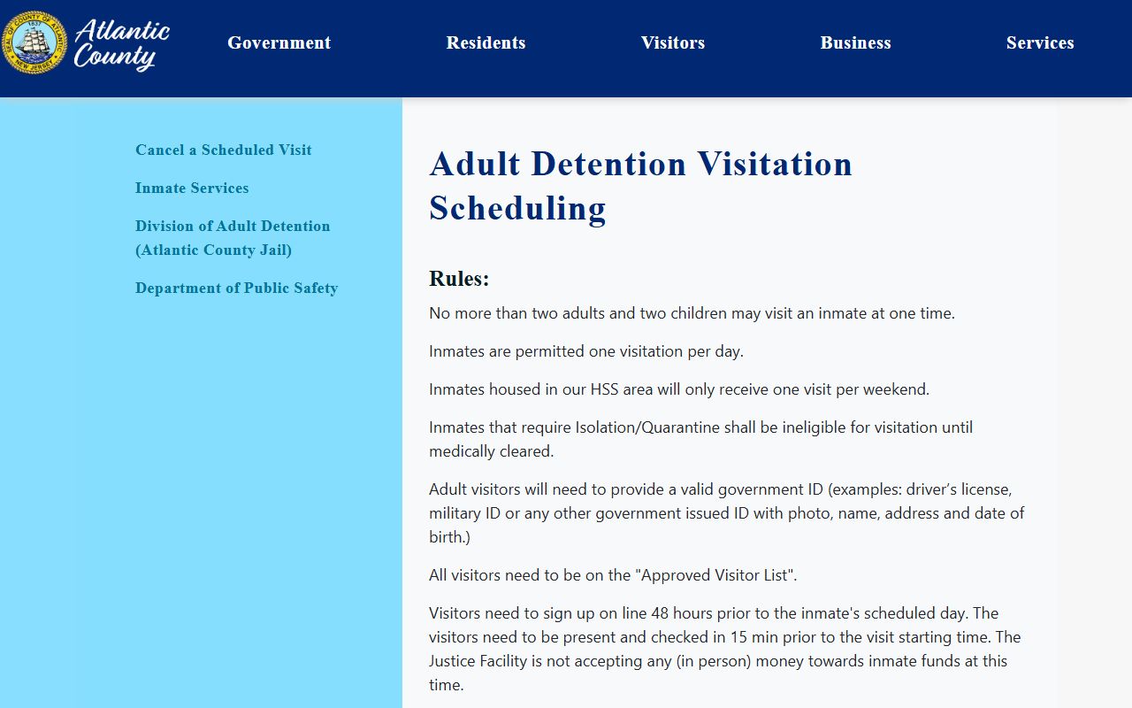 Atlantic County Gerard L. Gormley Justice Facility visitation scheduling page for inmate visits